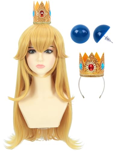 morvally Blonde Princess Cosplay Synthetic Wig with Crown and Earrings for Adult Women Long Wavy Costume Wig Set for Halloween Party (Adults Blonde)