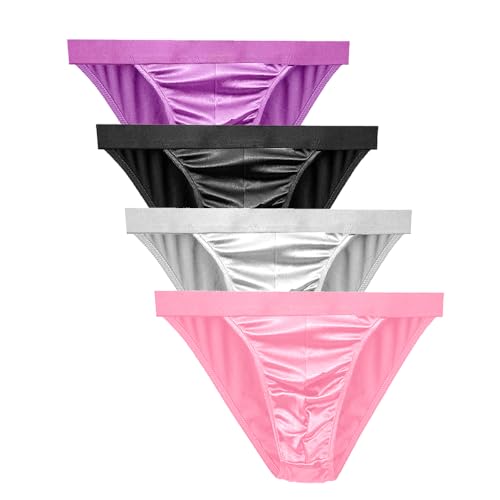Men's Silky Satin Stretch Support Briefs Thong G-string Bikini Sexy Underwear for Men 4 Pcs/pack