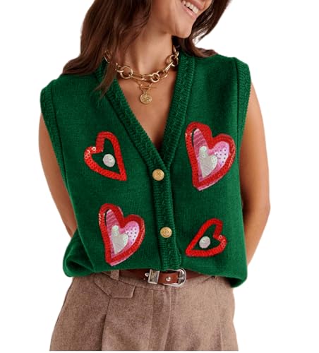 Image of Women Christmas Sweater Vests Santa Claus Print Sleeveless Knit Cardigan Vest Christmas Holiday Tank Top