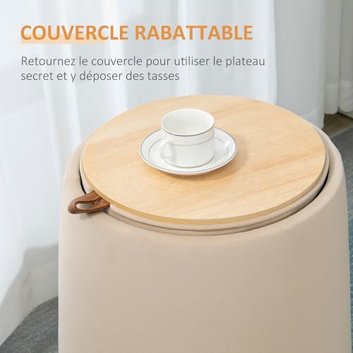 Pouf coffre velours beige couvercle plateau HOMCOM