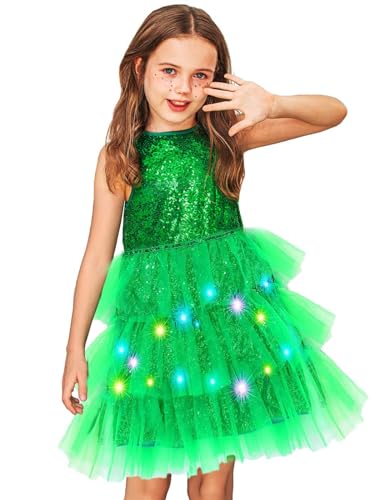EASEDAILY Light up Girls Dress Glitter Sequin Green Tulle Mesh Ruffle LED Casual Dresses for Birthday Party