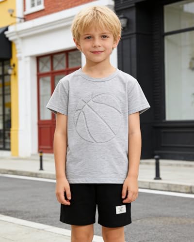 Image of Boys 2 Piece Outfits Short Sleeve Basketball Pattern T-Shirt and Shorts Summer Clothes for Kids 5-12 Years