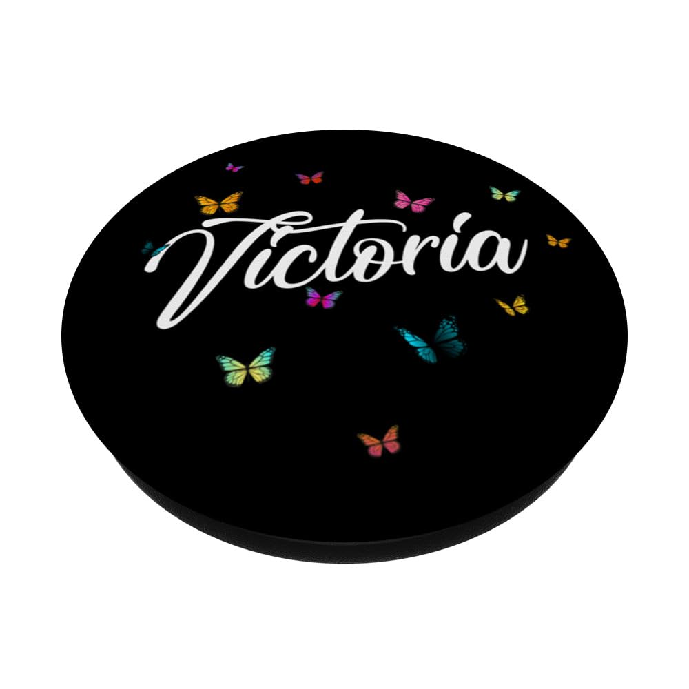 VICTORIA - Adorable girl name with colorful Butterlies PopSockets Swappable PopGrip, Black - Image 2