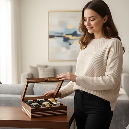 Image of Watch box for women & men, Wooden organizer, Handmade Holder For Men, Custom Valet Box with Brass Lock, Christmas, Anniversary, Valentine;s Day, Father's Day (Dark Brown 6 Slots)