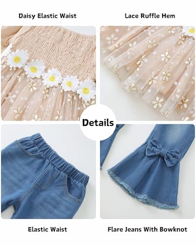 Image of XUANHAO Toddler Girls Clothes Puff Sleeve Smocked Shirt Flare Jeans Pant Outfits for Girl Bell Bottom Kids Girls Clothing Set