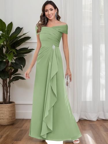 Off Shoulder Mother of The Bride Dresses for Women Long A-line Ruffles Chiffon Ruched Formal Evening Dress4