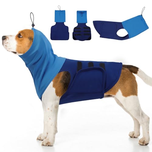 Image of SAWMONG Dog Anxiety Vest, Breathable Calming Shirt Adjustable Chest & Hood for Dogs, Soft Pet Stress Relief Calming Coat Wraps Ears for Noise, Thunderstorms, Fireworks and Separation(Blue, Large)