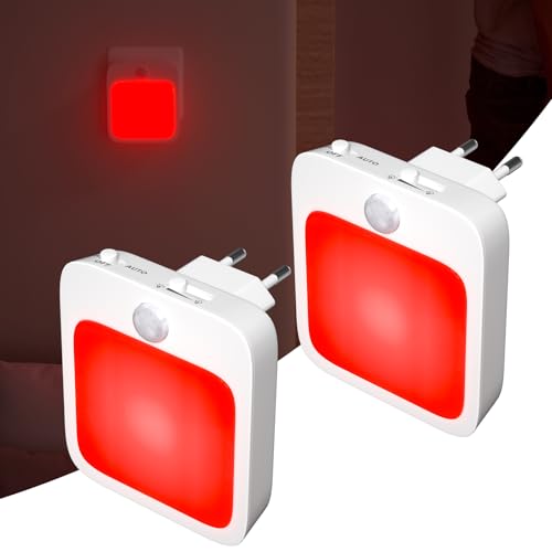 HeatingLux Luz roja nocturna melatonina con sensor de movimiento, 3 modos de sensor lámpara de noche enchufable, regulable lampara luz roja para dormitorio, cuarto del bebé, cocina, cuarto de baño