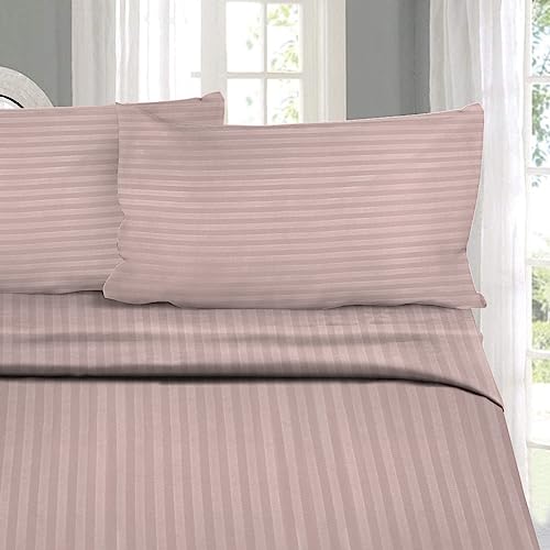 Image of Naksh 100% Cotton 210 TC Stripes Elastic Fitted Bedsheets Queen Size 78 x 60 Inches, Cameo Rose | 1 Elastic Bedsheet Queen Size Cotton & 2 Pillow Covers | Wrinkle Free Bed Cover with Elastic