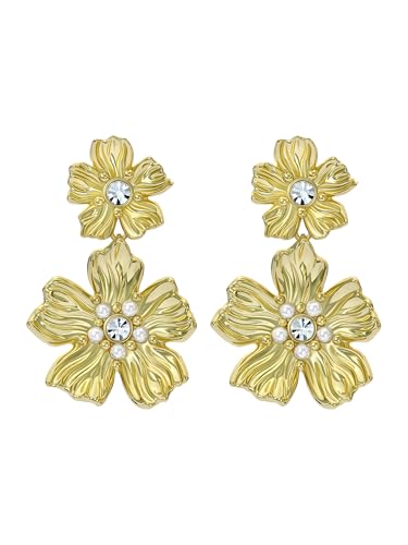 Image of Ted Baker Pettala Flower Statement Drop Earrings for Women (Gold/Pearl and Crystal)