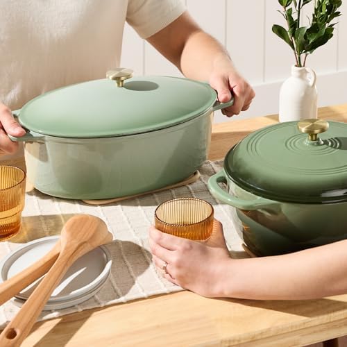 Best Choice Products Oval 7.5 Quart Enamel Cast-Iron Dutch Oven, Heavy-Duty Pre-Seasoned for Baking, Cooking w/Side Handles – Sage Green - Thumbnail 4