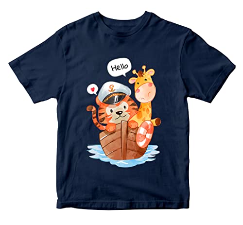 Image of Boys & Girls Tiger & Giraffe Animals Nautical Sea Theme 100% Cotton Unisex Kids T-Shirt