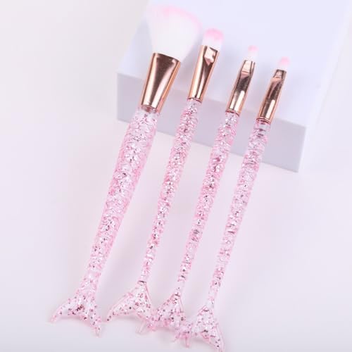 Lot de 4 pinceaux de maquillage avec manche en cristal et poils ultra doux pour un glamour impeccable et scintillant, pinceaux de maquillage arc-en-ciel, 18 cm (rose)