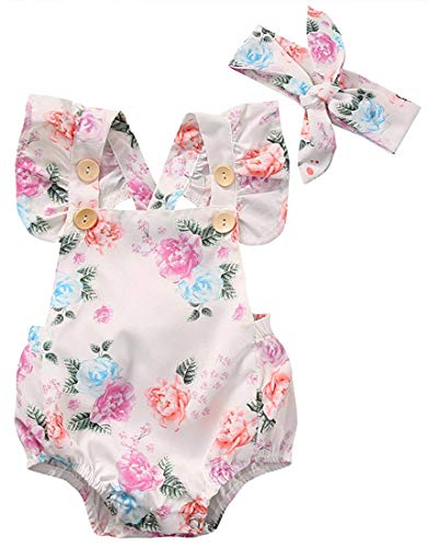 Newborn Baby Girls Clothes Outfits Floral Jumpsuit Romper Playsuit + Headband Set (3-6 Months) White