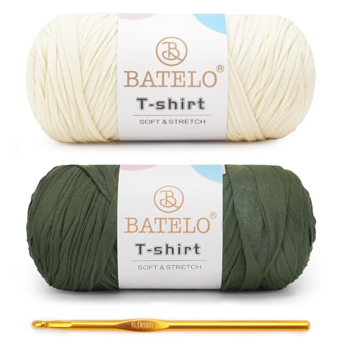 Image of 2 Pack T-Shirt Yarn for Beginner Crochet Bags /Basket /Coaster, 400g /144yds High Elastic Thick Polyester Fabric (Milk Yellow+Dark Olive Green)