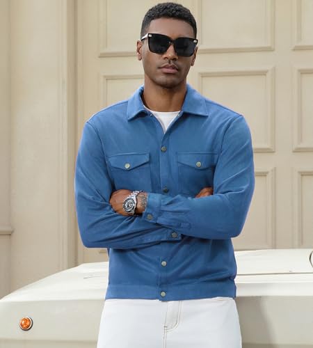 Alex Vando Mens Suede Shirt Jackets Long Sleeve Two Pockets Snap Casual Button Down Shirts