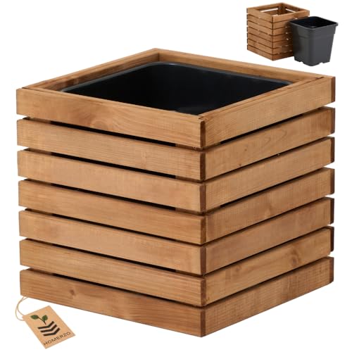 HOMERZO Pflanzkübel Holz – imprägniert wetterfest – mit herausnehmbarem Kunststoffeinsatz – Hochbeet Blumenkasten für Balkon Garten Terrasse (Horizontal-braun 36x36 H35 cm)