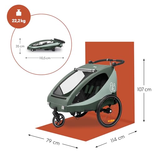 hauck Dryk Duo Plus, Dark Green - 2in1 Fahrradanhänger & Buggy mit Federung für 2 Kinder ab 6 Monaten bis 22 kg/120 cm/4 Jahren, Faltbar, XL Stauraum, für Fahrrad, E-Bike & Pedelec