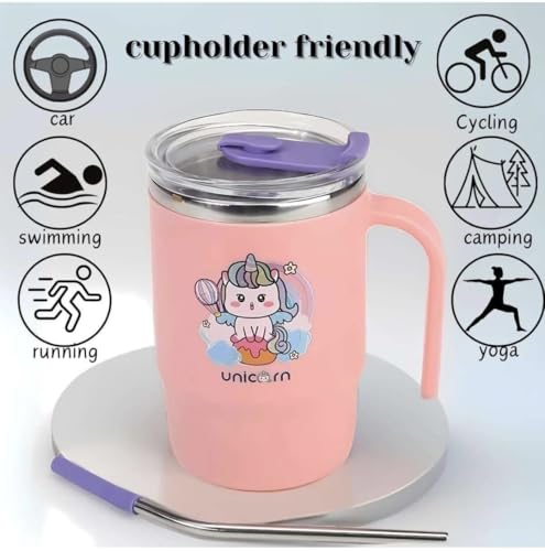 Image of Insulated Mug with Lid and Straw, Stainless Steel,12.5 x 11.5 cm, with Handle (Unicorn)
