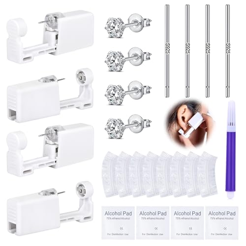 DJCIW 21PCS Ear Piercing Kit,Disposable Ear Piercing Gun Kit with 4 Pcs Self Piercing Gun and Bult-in in Stainless Steel Ear Stud 5mm CZ,S925 Ear Sticks and Waterproof Ear Cover For Ear Piercing