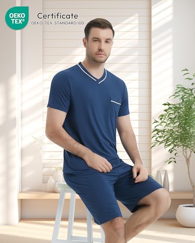 Image of NACHILA Pajamas Set for Men-Viscose Made from Bamboo, Short Sleeve Sleepwear Cool Pjs with Shorts Pants Soft Loungewear
