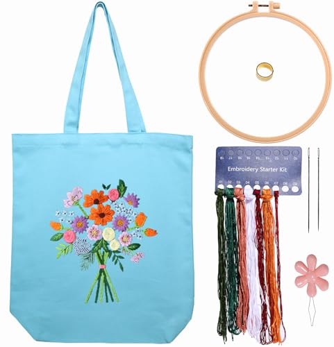 CREAWONDER Kit de bordado de bolsa de lona con patrón para principiantes, artes y manualidades de bordado para adultos, incluye instrucciones, aros de bordado, hilos de color y herramienta
