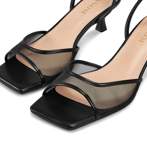 Image of ISNOM Women's Mesh Square Toe Kitten Heel Sandals Ankle Strap Dress Shoes | Kitten Heels with Mesh Upper, Square Toe, Low Heels Comfort Design, Stylish Dress Sandals for Daily Wear