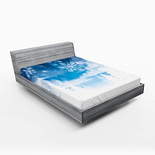 Ambesonne Winter 2 Pack Fitted Sheet, Snowflakes and Stars, Bed Cover All-Round Elastic Deep Pockets 2 Pieces, Package Contains 2 Full Size Fitted Sheets, Dark Ice Blue
