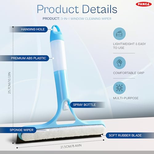 Image of PANCA 3-in-1 Window Cleaning Wiper Spray Squeegee with Built-in Scrubber, Multipurpose Glass Cleaner Wiper for Window Mirror Kitchen Platform Bathroom Tiles Car Windshield Cleaning Tool
