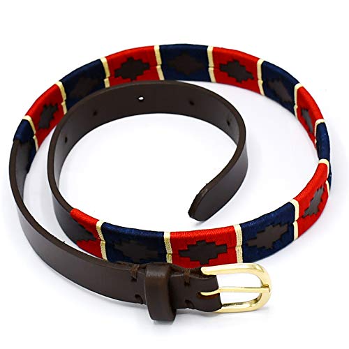 Genuine Leather Polo Belt Navy Blue & Red Color Hand Woven Pattern 87 CM BLT-032