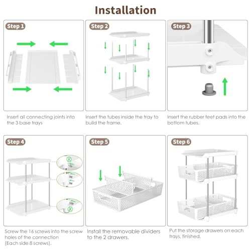 DABIGE 3Pcs 3 Tier Bathroom Organizers and Storage, UPGRADE WIDER BOLDER, Pull Out Under Sink Organizer with Dividers, Kitchen Pantry Organizers - White