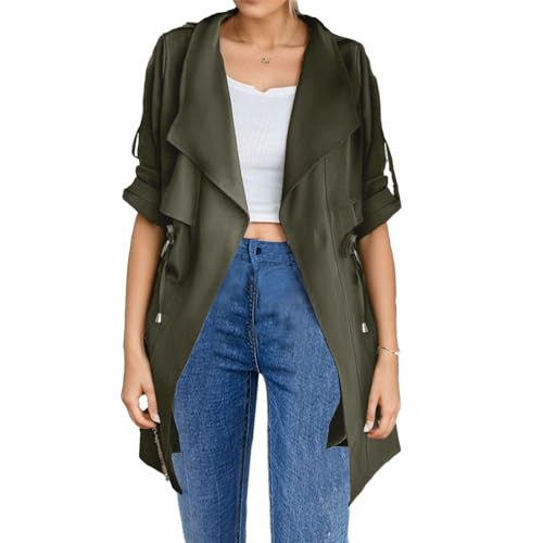 Women's Draped Open Front Jacket Rolled-up Sleeve Drawstring Waist Lightweight Trench Coat Lapel Blazer Outwear