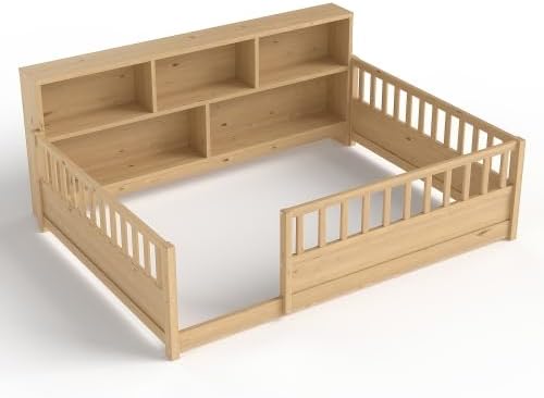 Full Size Montessori Floor Bed with Bookcase, Wooden Floor Bed with High Fence and Storage Shelves, Montessori Beds Frame for Kids Girls Boys, Easy Assemble, Natural