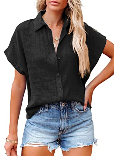Dokotoo Casual V Neck Button Down Shirts for Women Solid Short Sleeve Blouse Tops