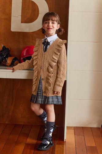 Image of Arshiner Girls Cardigan Sweaters Ruffle School Uniform Sweater V Neck Button Front Outerwear 4-13 Years