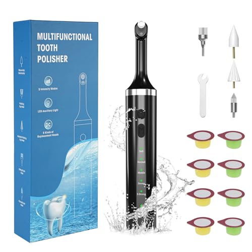Tooth Polisher Plaque Remover for Teeth with 5 Brush Heads 8 Polish Pastes 5 Speed Modes and LED Light IPX6 Waterproof Tooth Polishing Kit Cleaner Tools for Teeth Whitening