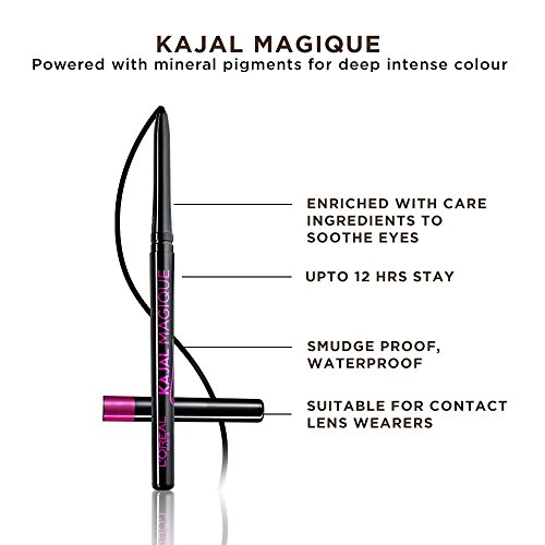 Image of L'Oreal Paris Kajal, Waterproof Eyeliner, 14 Hours of Smudge-Proof Wear, With Vitamin E, Cocoa Butter, Olive Oil Esters and Vitamin C, Magique, Colour: Supreme Black. 0.35g (Pack of 3)