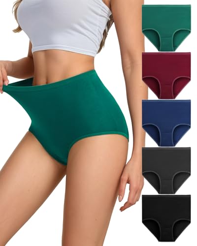 Dtuomo Underwear Women High Waisted Knickers Soft Combed Long-Staple Cotton Full Coverage Briefs Slight Tummy Control Breathable Ladies Panties 5 Pack