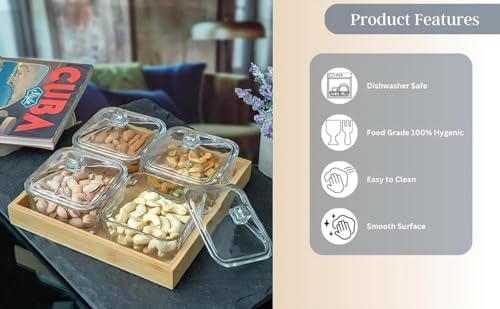 Image of 275ml Glass Serving Bowl Set of 4 with Glass Lids & Bamboo Tray | Snack Serving Bowls for Dry Fruits, Namkeen, Masala, Mukhwas | Transparent Kitchen Storage Containers