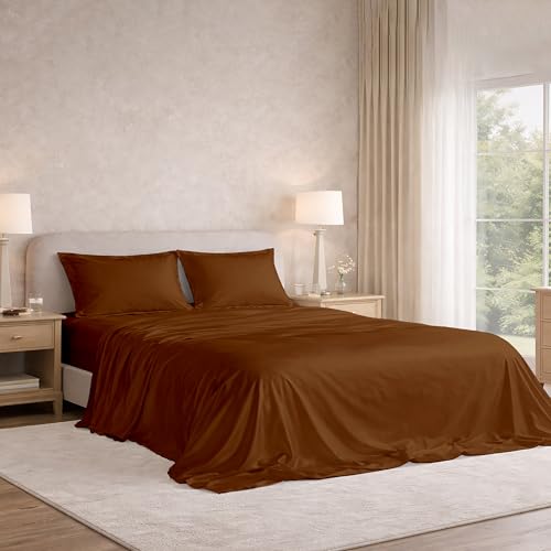 Image of Filbert Satin Bedsheet with 2 Pillow Covers | 90x100 in |300 TC | Midnight Luxe Satin Dreams Collection for Double Bed | UltraSatin Premium Bedding Set | Chocolate