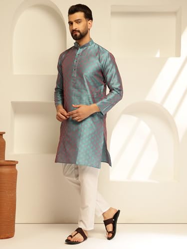 Image of SOJANYA (Since 1958 Men's Jacquard Silk Contrast Red Thread Woven Design Kurta With Pyjama