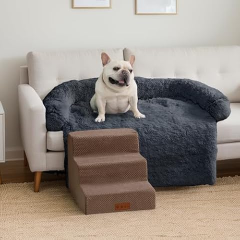 GGIB 3-Step Brown Dog Stairs and Dark Grey Large Calming Dog Bed Fluffy Plush Dog Mat for Sofa, High Bed Pet Steps for Small Dogs with Removable Washable Cover Cover