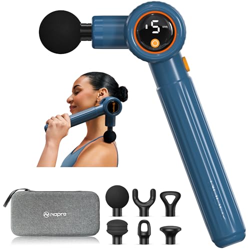 Pistola de Masaje Muscular,Napre Pistola Masaje Muscular con Mango Largo y 3 ángulos Ajustables,Massage Gun Pistola Masajeadora,6 Cabezales y Pantalla LED,Masajeador Muscular Cervical y Espalda,Azul
