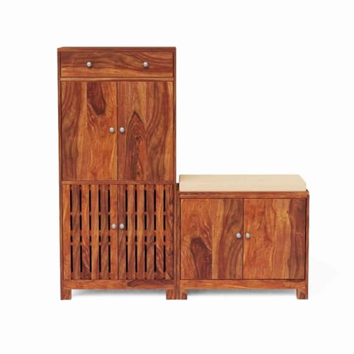 Image of VK Furniture Solid Sheesham Wood Shoe Rack with 1 Drawer & 3 Door Cabinet Storage | Wooden Large Size Shoe Cabinet with Cushion Seating for Home (Honey Finish)