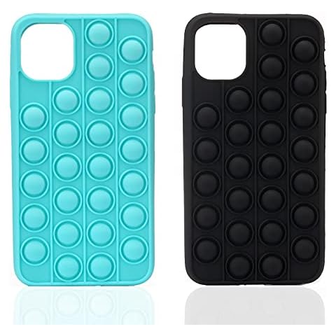 2 Packs Pop Phone Case for iPhone 11 12 Pro Max Mini X XS XR, Fidget Phone Case Push and Pop Bubble Fidget Sensory Toys Mobile Phone Protective Shell Cover for Men Women (Black & Blue,iPhone 12/12pro) Cover