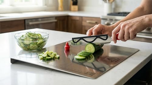 Image of Stainless Steel Chopping Board with Cutter, Multipurpose Slicer & Chopper with Adjustable Cutting Guide, Non-Slip Handle, Heavy Duty Rustproof Kitchen Tool for Fruits, Vegetables, Meat & Fish