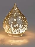 Deko-Tropfen in Frosty-Champagne mit LED-Licht + Timer 21cm aus Farbglas in geeister Optik mit winterlichem Dekor verziert, für 3x AA Batterien 1,5V-beleuchtete Dekolampe