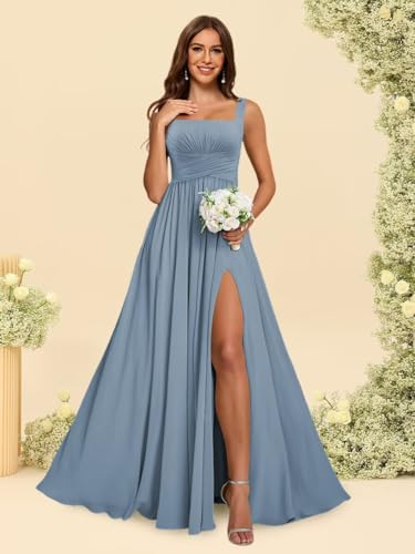 Loyeloy Women's Square Neck Bridesmaid Dresses with Slit 2025 Pleated Chiffon Formal Evening Dress2