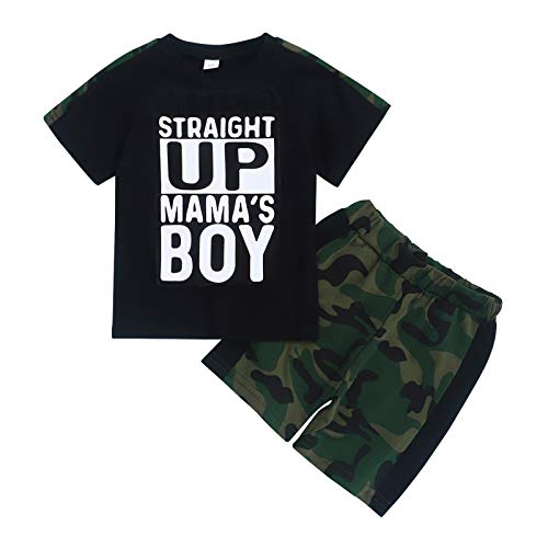TUEMOS Toddler Baby Boy Clothes Straight Up Mama's Boy Letter Print T-Shirt Top+Camouflage Short Pant Boy Summer Outfits