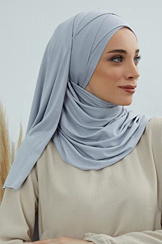 Aisha's Design Instant Hijab Scarves for Women Muslim, 95% Cotton Turban Scarf Head Wrap, Light Grey4